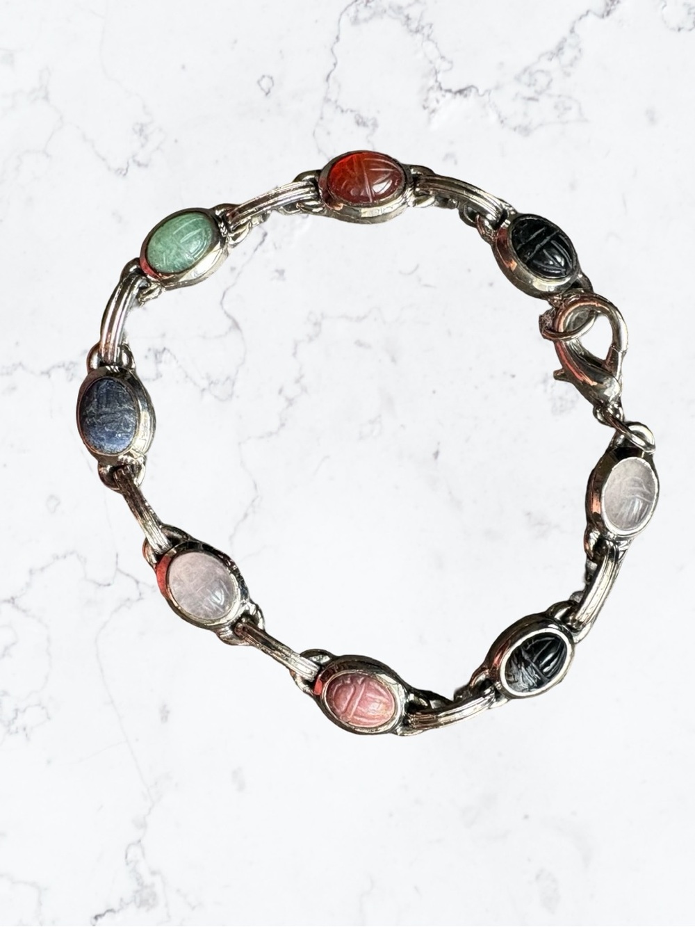 Egyptian Scarab Revival Multi-Color Scarab Link Bracelet - Silver Tone - Picture 2 of 4